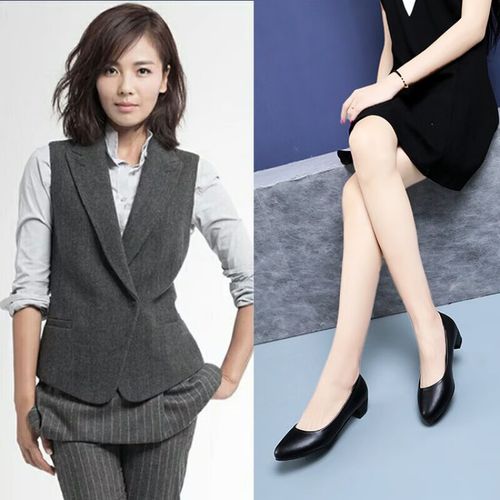 恒狮工作鞋女黑色软底舒适上班久站不累脚粗跟空姐空乘职业面试高跟鞋