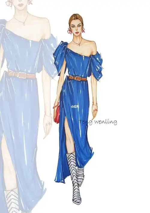 服装效果图极简蓝色礼服