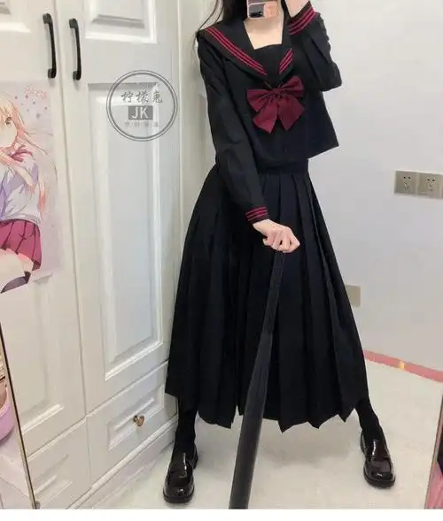 原创设计brangdy舒适优美正统原创基础款jk制服裙黑赤三本水手服日系