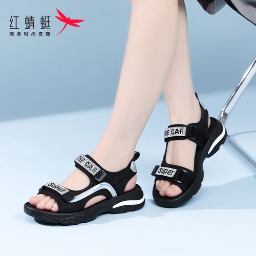 红蜻蜓女鞋夏季新款女士时尚舒适魔术贴凉鞋外穿厚底运动沙滩鞋子