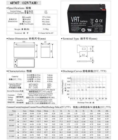 vat蓄电池12v7ah蓄电池