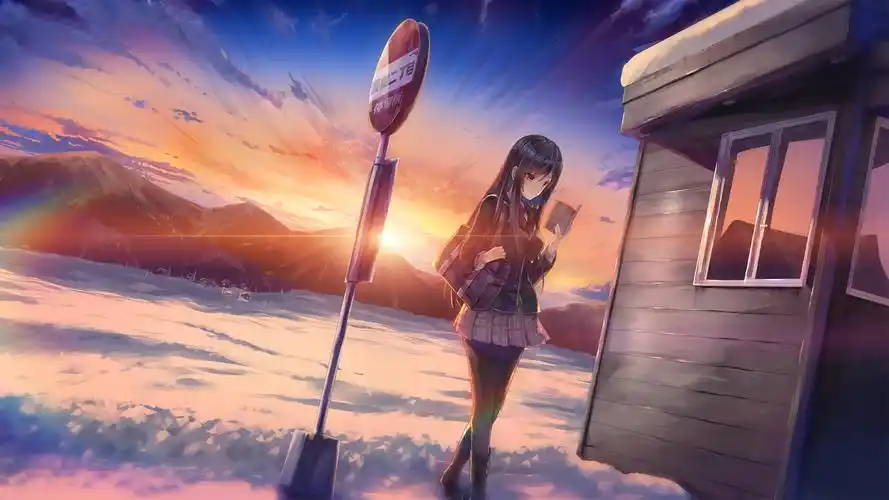 冬天天空雪日落站台车站女生看书动漫人物风景壁纸壁纸