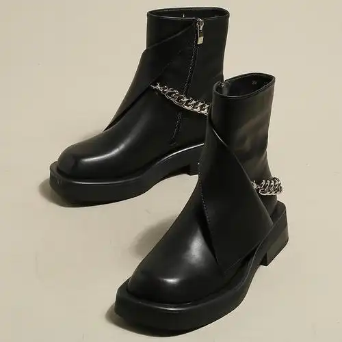 黑色马丁靴女新款2022年春秋链条秋季机车靴子小个子烟筒厚底短靴