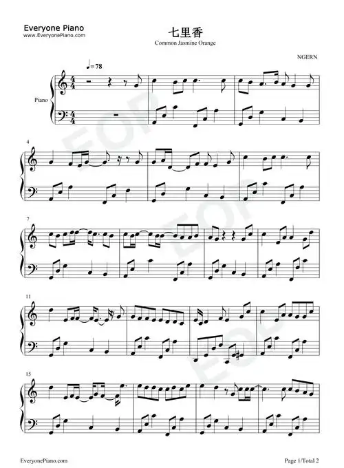 七里香-c调简单版五线谱预览1-钢琴谱文件(五线谱,双手简谱,数字谱