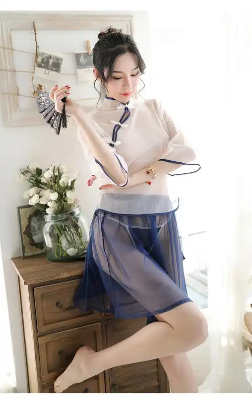 女夏透明薄纱复古民国风透视睡裙透明制服旗袍诱惑性感情趣睡衣 蓝色