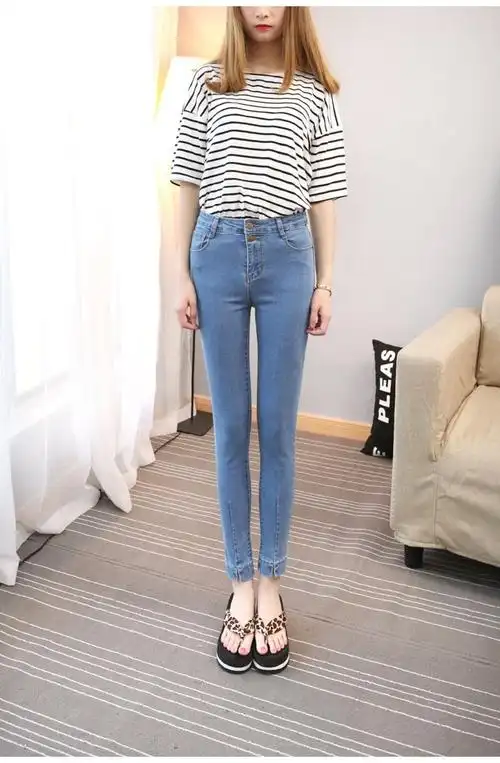 曼青萝秋装新款排扣九分牛仔裤女显瘦裤脚开叉小脚铅笔裤女装修身蓝色
