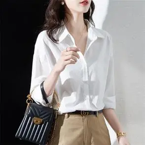 白衬衫女上衣新款宽松洋气出口休闲纯棉衬衣高级感白色打底寸衫秋