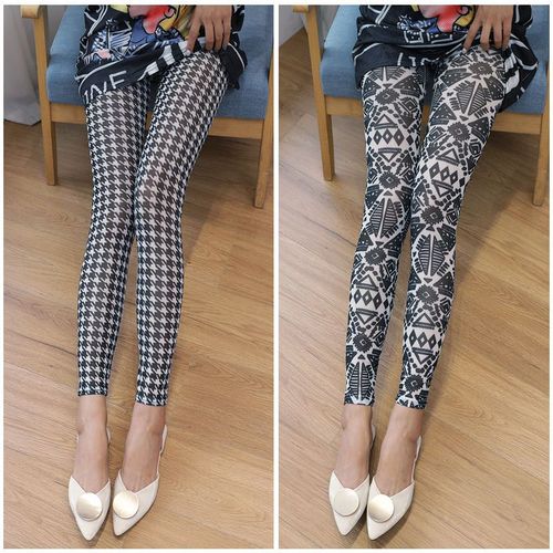 春夏薄款透肉网纱印花打底裤透气大弹力女裤防晒冰丝九分裤女外穿