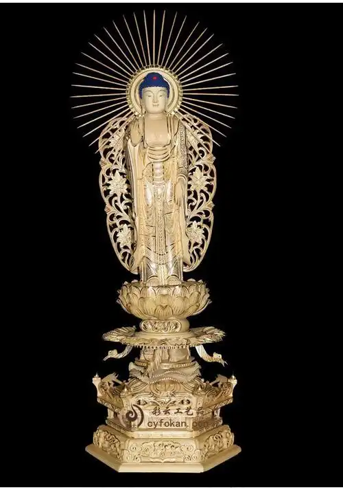 9寸立弥陀佛像阿弥陀佛 手工雕刻 贴金箔黄杨木家庭供奉菩萨摆件