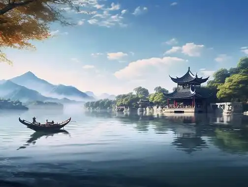 唯美古风动漫复古建筑蓝天白云山水云间船插画古代场景游戏场景桌面