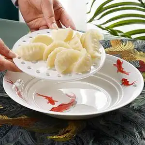 骨瓷创意陶瓷餐具饺子盘沥水双层盘家用菜盘子双用拆卸水饺盘餐盘