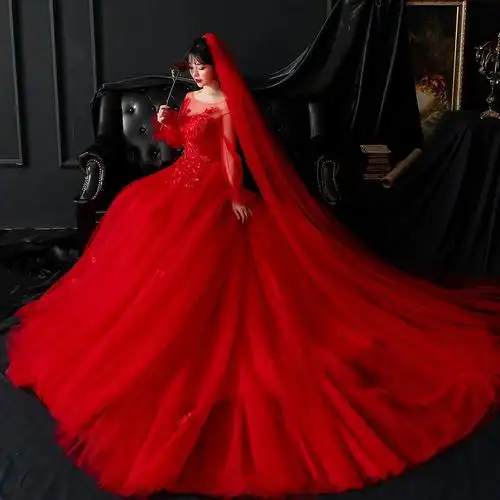 主婚纱2021新款新娘长袖气质红色齐地礼服小个子法式大码拖尾显新
