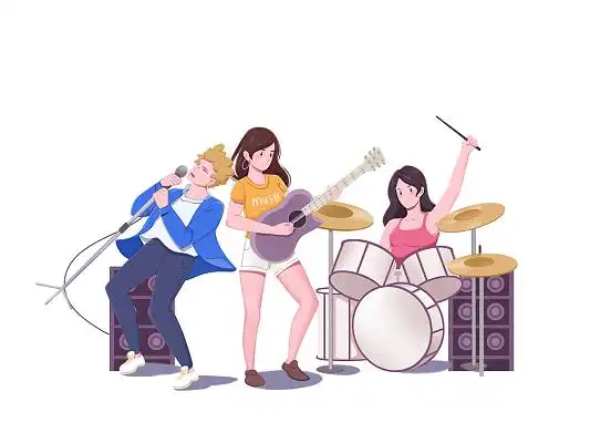 彩色卡通手绘五四青年节人物乐队开演唱会表演元素png素材