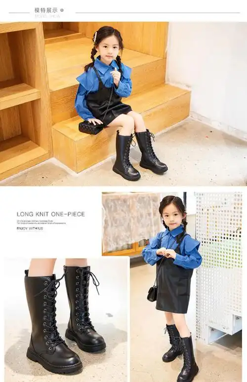 霏楚小学生靴子女孩长筒靴子女童长靴秋季新款儿童骑士英伦风儿童小