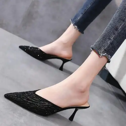 拖鞋一代女细高跟女外水钻一字佳人ck新款包头拖