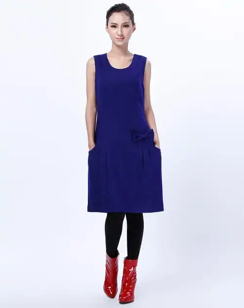 巧帛深紫蓝色典雅时尚无袖连衣裙