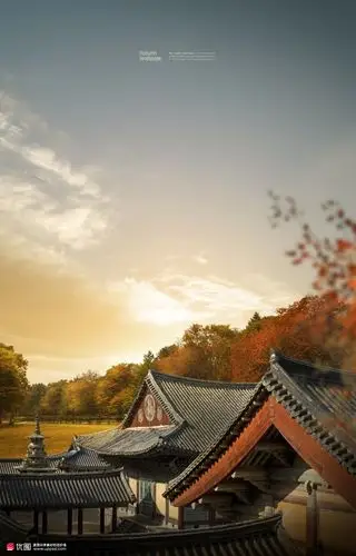 古迹建筑楼阁秋天红叶秋叶古风风景海报