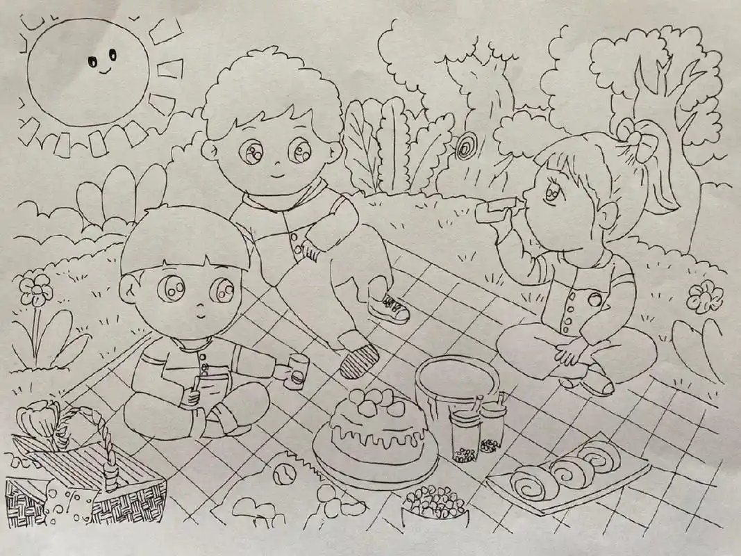 野餐春游儿童画线稿 野餐啦