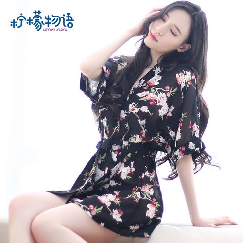 情趣性感雪纺内衣衣服印花和服透明薄纱睡袍睡衣