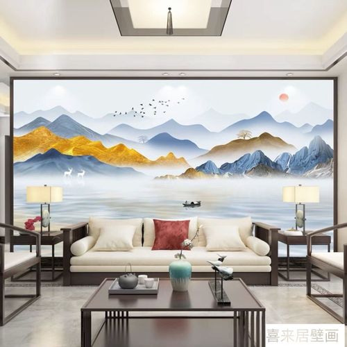 电视背景墙布壁纸客厅办公室沙发新中式水墨山水画背景墙壁画壁布