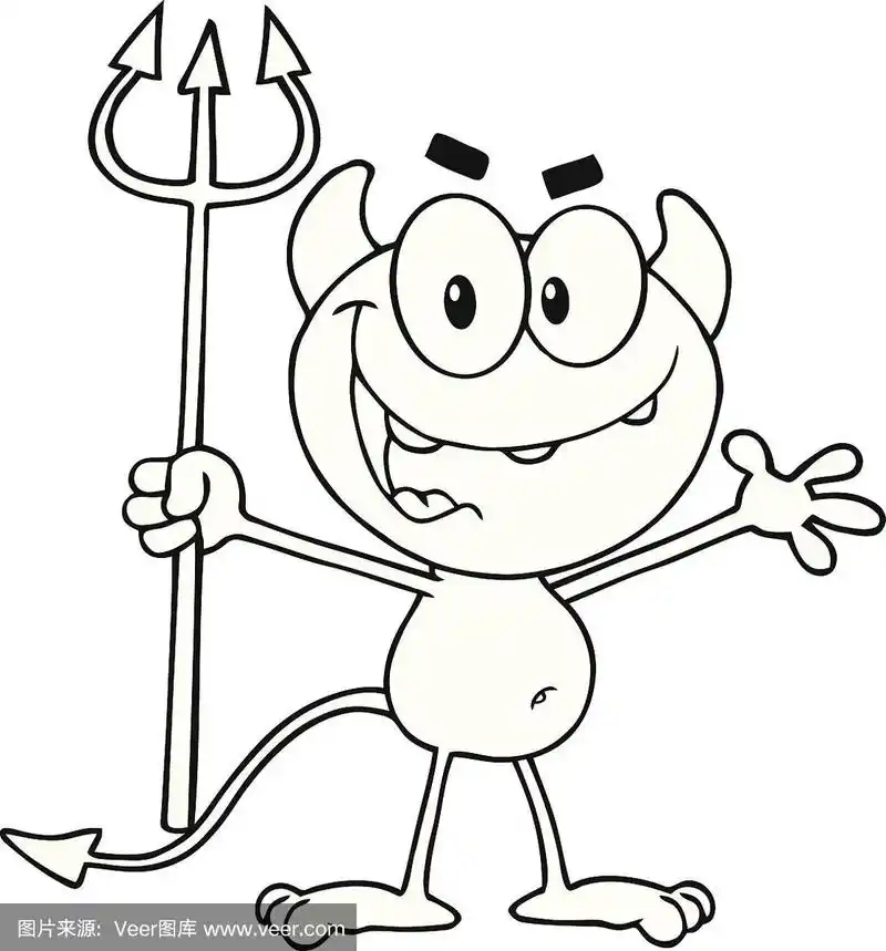 黑白色可爱的小恶魔举着干草叉