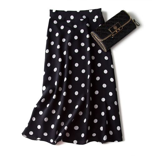 重磅仿丝半身裙中长款女装气质百搭印花桑仿碎花半裙夏季 黑底白波点
