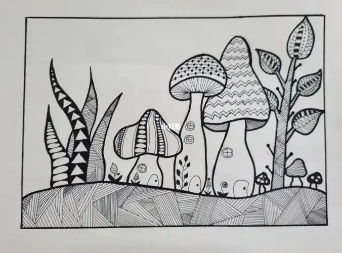 黑白线描画蘑菇世界