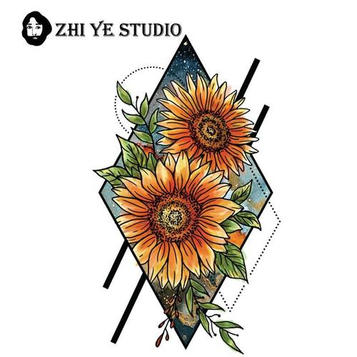 手绘灿烂的向日葵纹身贴男女帅气淡水彩防水无毒持久tattoo包邮