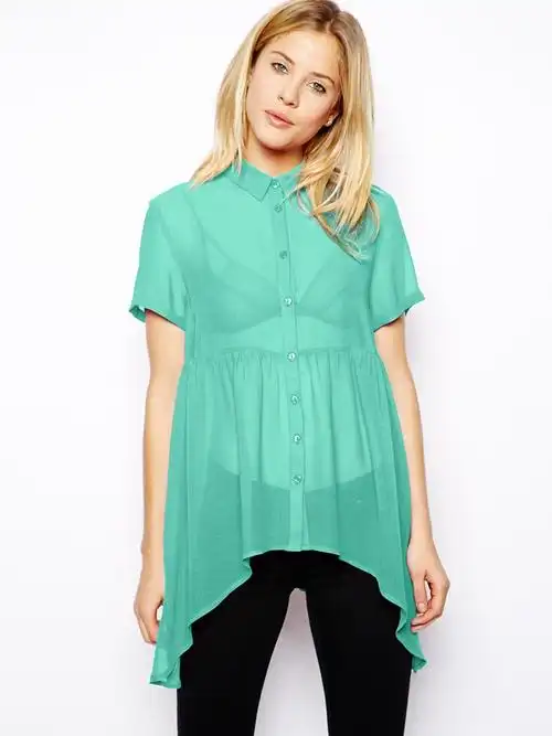 薄荷色不规则透视衬衫