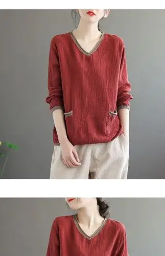 恒源祥 夏天中年妈妈穿的衣服春秋款棉麻上衣v领长袖拼色t恤女士宽松