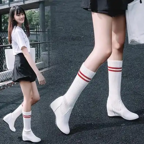 一折白色内增高弹力女靴_学院学生鞋毛线女鞋弹力靴白色靴子内增高