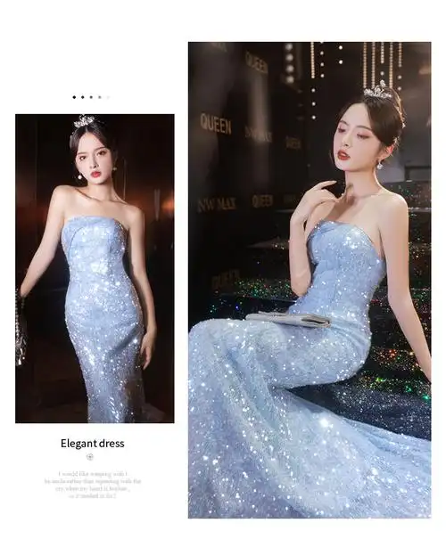 蓝色主持人礼服星空模特走秀人鱼裙敬酒服超仙成年礼轻奢年会亮片