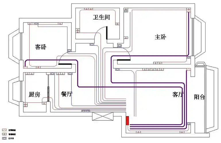 提下建议!蓝线是照明线红线是插座线紫色线是空调线.弱电还没有铺设!