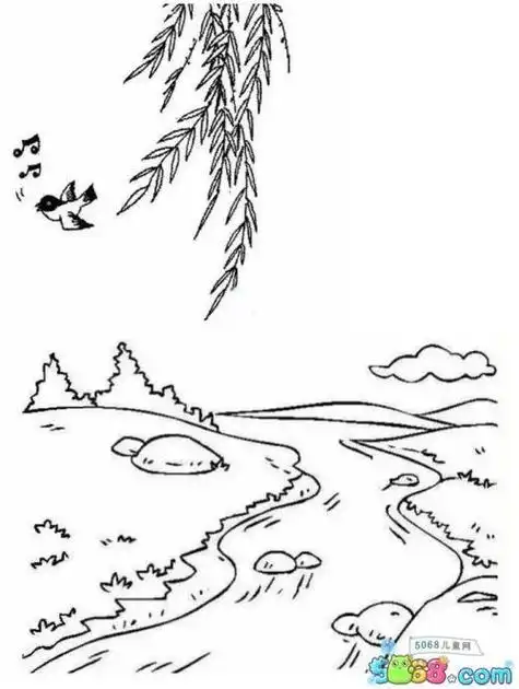 春天山水简笔画风景