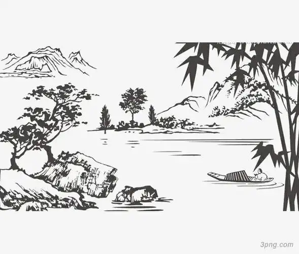 河边风景简笔画山水画