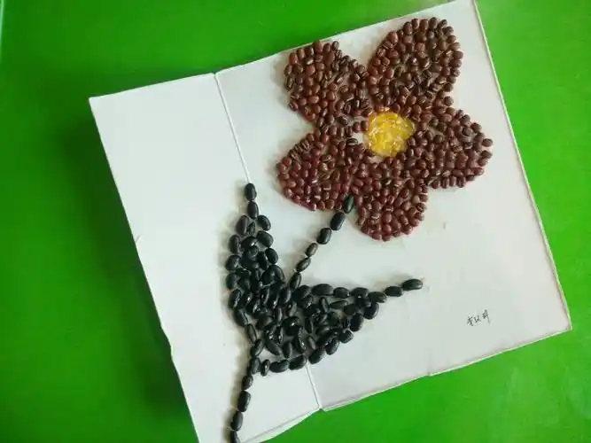 宝宝们用各种颜色的豆豆拼成的图片