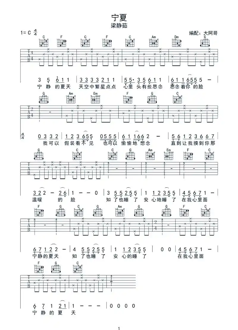 92梁静茹《宁夏》吉他谱来啦!