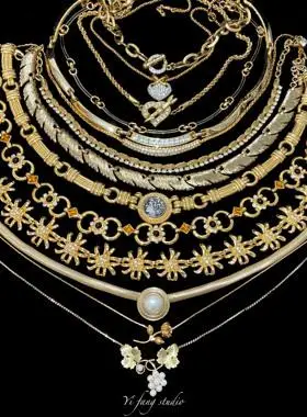 中古饰品vintage古董项链 trifari翠法丽 金色琉璃珍珠项链复古女