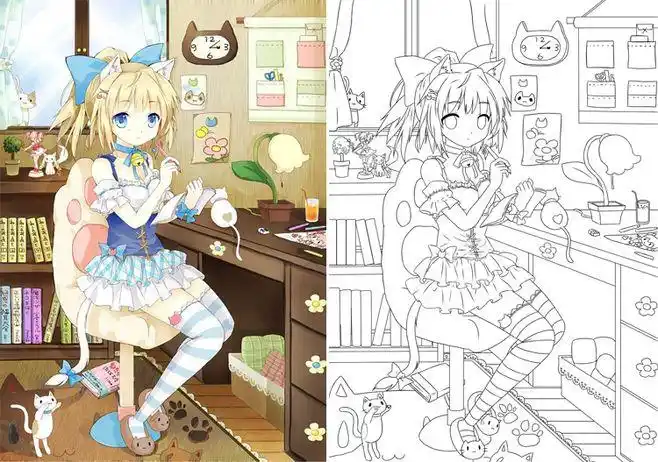 动漫线稿 彩色对比图 100对手绘人物漫画sai临摹上色必备素材 c组