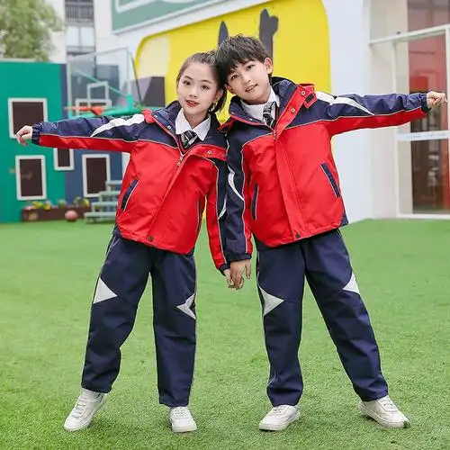 儿童冬季校服冲锋衣三件套红色小学生校服加厚保暖冬装幼儿园服
