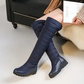 谜尚百丽过膝长靴女高跟小坡跟厚底圆头高筒靴冬季加厚绒雪地靴女棉鞋