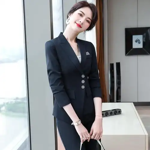 黑色职业套装女士秋冬套裙总裁正装气质干练酒店经理珠宝店工作服