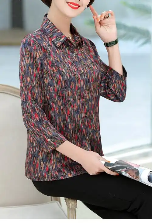 恒源祥中老年人女装长袖雪纺衬衫女2020新款洋气宽松妈妈夏装上衣t944