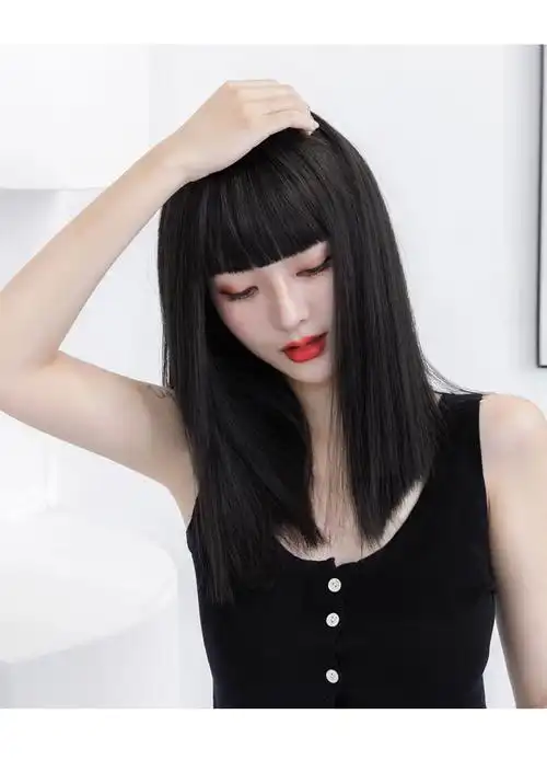 直发全头逼真网红时尚锁骨发学生圆脸整顶头套齐刘海 棕黑色(升级透气