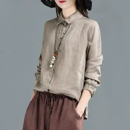 2020春装新款棉麻衬衫女长袖复古文艺翻领宽松百搭衬衣亚麻上衣女