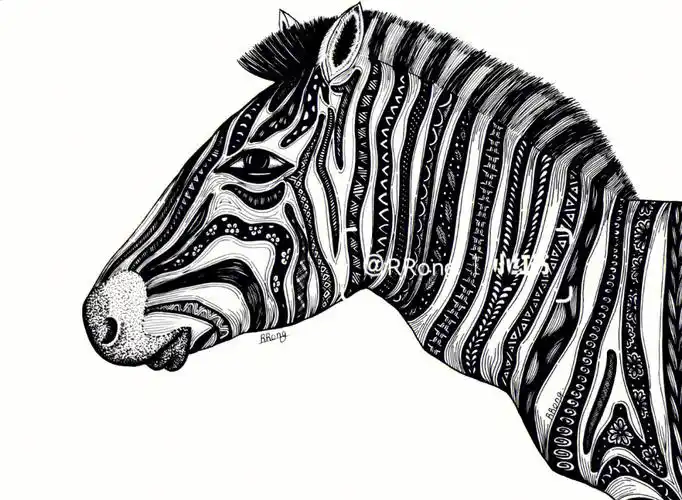 原创黑白装饰线描画动物装饰线描斑马01