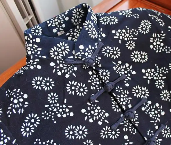 女士蓝印印花棉衣纯棉老粗粗布棉袄手工棉花棉衣