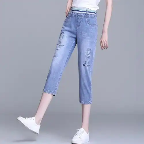 夏季老爹七分补丁腰做小个子松紧薄款女士牛仔裤牛仔裤