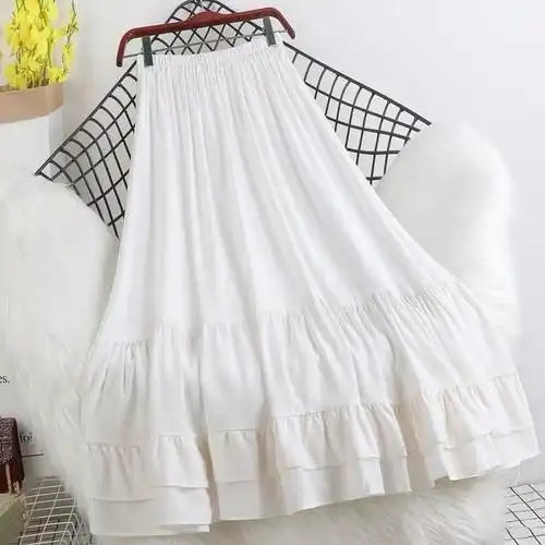 裙子中长女裙垂感半身百褶纯色白色下摆百褶裙半身裙