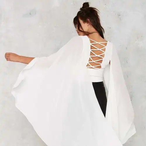 欧美时尚纯色百搭潮流后背交叉露背飘逸上衣